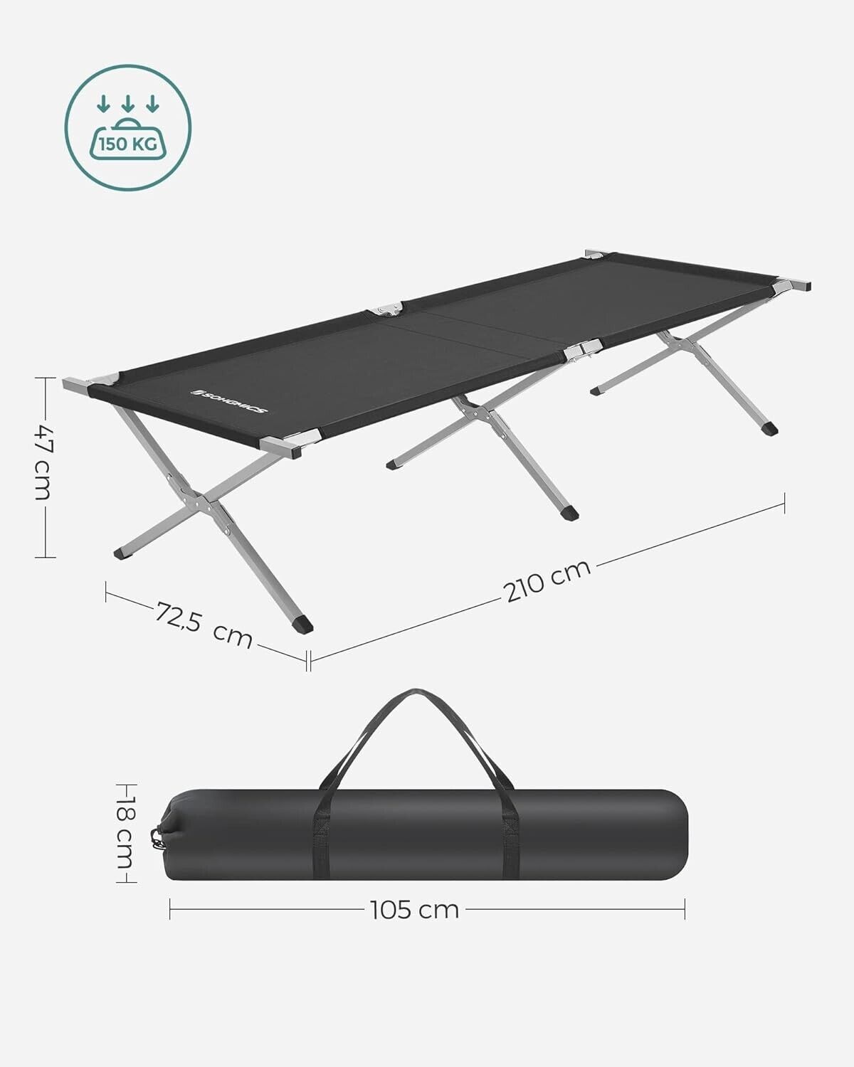 SONGMICS Feldbett, klappbar, Campingbett, Gästebett, 210 x 72 x 45 cm, Reisen,