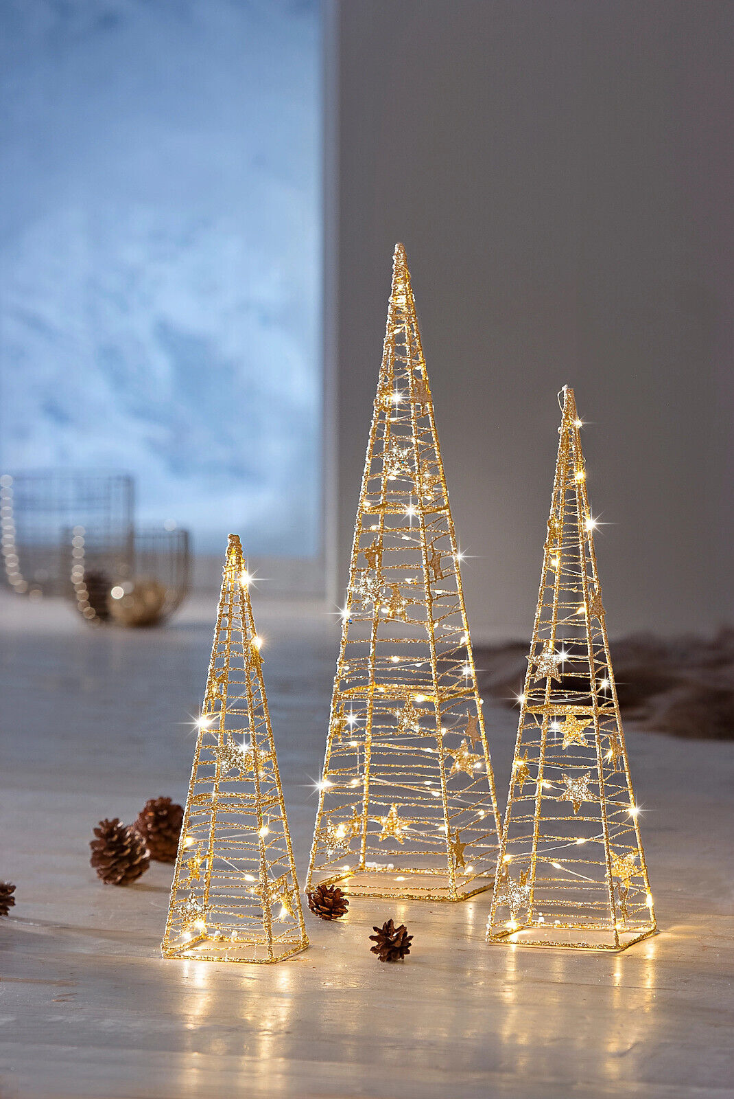 LED-Kegel "Glamour" gold, 3er-Set Wohnungsdeko Advent Dekoration Weihnachts Deko