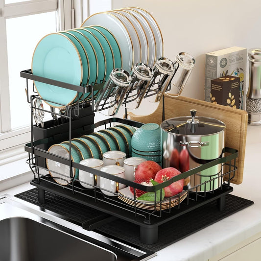 MAJALiS Dish Drainer 2-Tier Dish Drainer with Drip Tray and Drying Mat, Stainles