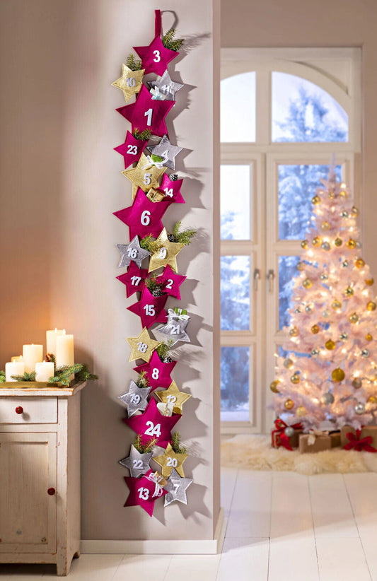 Adventskalender Stars berry Hängen Selbstbefüllen Geschmückt Türkis 32 x 190cm