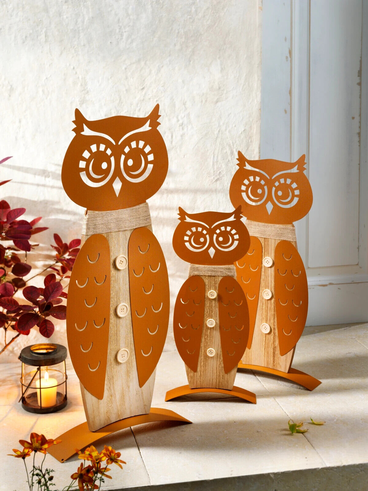 Eulenfamilie "Kauz", 3er-Set Deko Garten Dekoration aus Metall und Holz