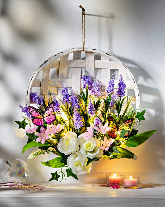 LED Hängedeko "Primavera" Blütenpracht Schmetterlinge Kunstblumen 46 cm