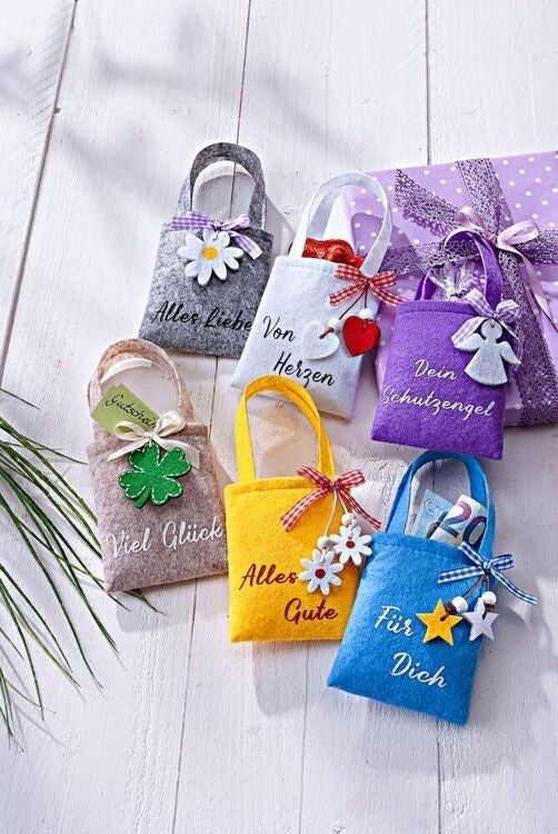 Geldgeschenk Filztaschen 6er Set bunt, beschriftet mit Holz-Anhänger
