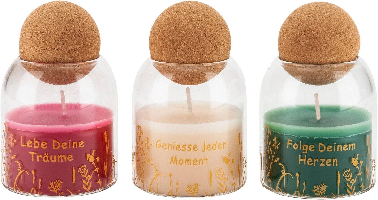 Duftkerzen Glas Weisheiten 3er Set Kerzen Geschenkset Kork Kugel 10 cm