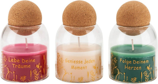 Duftkerzen Glas Weisheiten 3er Set Kerzen Geschenkset Kork Kugel 10 cm