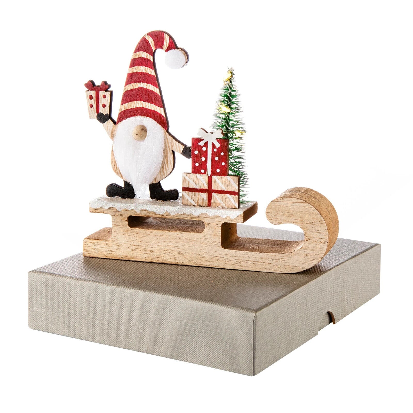 LED Dekofigur Weihnachtswichtel mit Schlitten Advent Deko Weihnachtsdeko