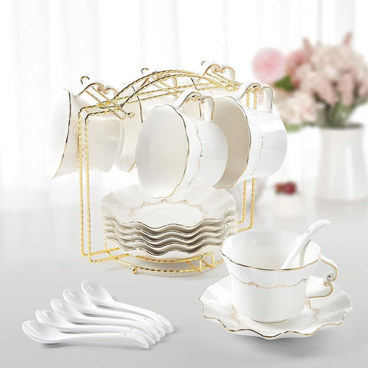 DUJUST Tassen & Untertassen von 6 (250 ml), Luxus-Teetasse Set mit goldenen Trim