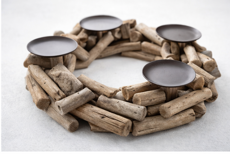 Kerzenkranz WOOD aus Treibholz – 4 Kerzenhalter – Natur Holz Deko