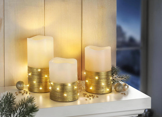 LED-Echtwachskerzen "Goldy" mit Lichterkette 3er Set