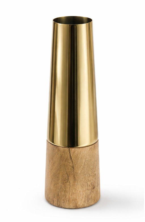 Vase Metall gold mit Holzsockel modern Deko Tischvase Handarbeit
