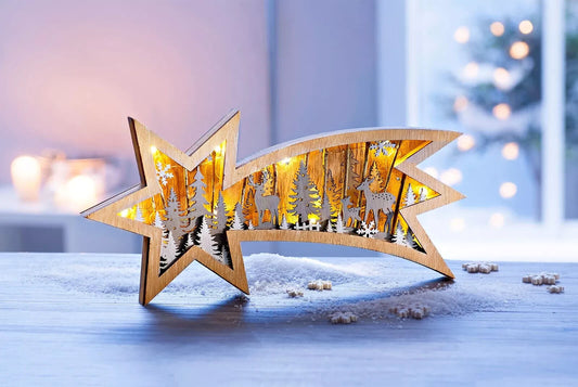 LED Deko Sternschnuppe Winterwald Holzstern 36 cm warmweiße LEDs braun