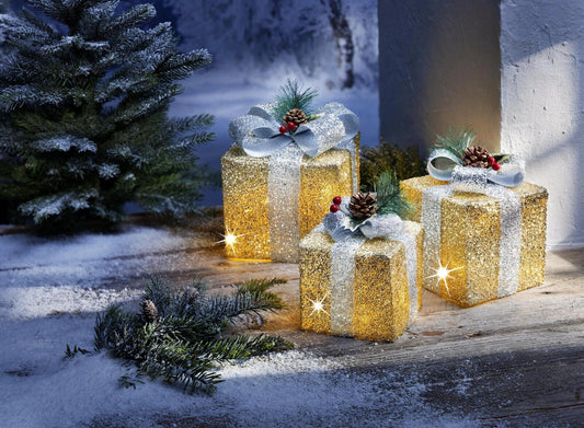 LED-Deko "Geschenke" gold, 3er-Set Haus Garten Dekoration Weihnachtsdeko