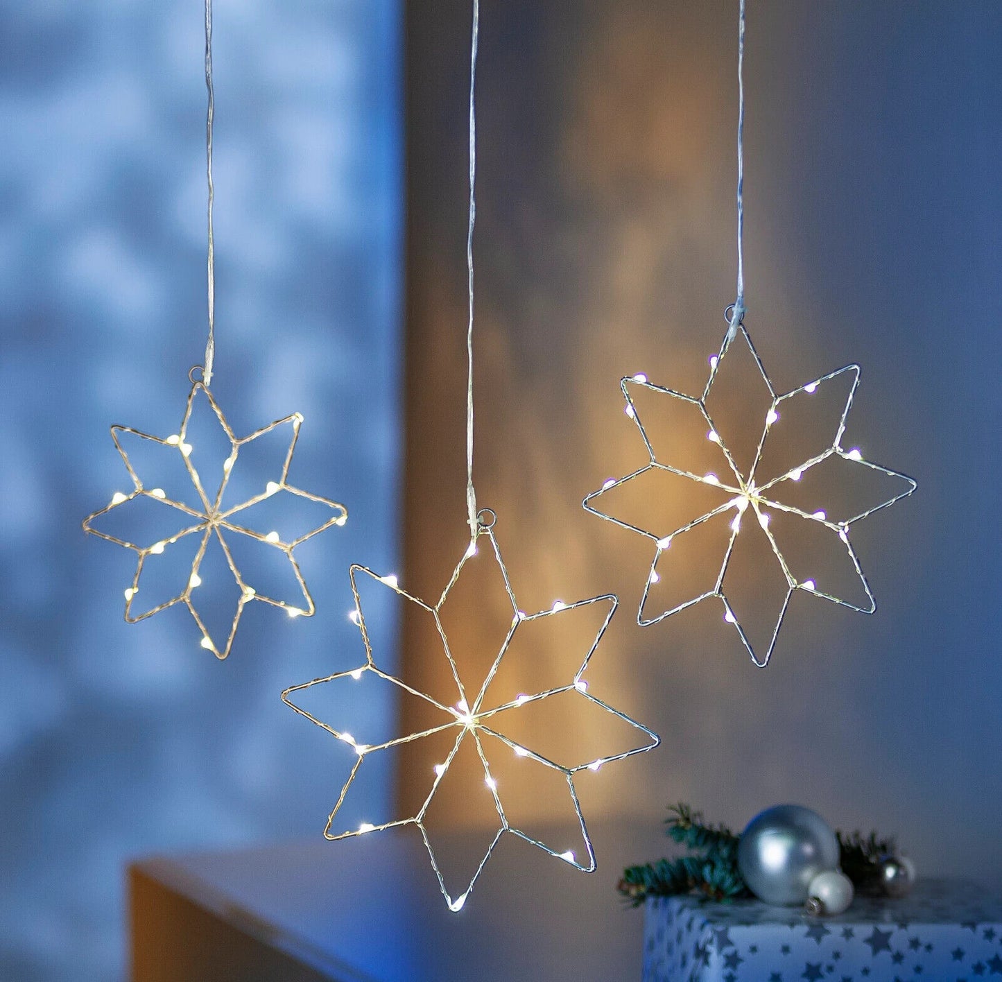 LED-Hängedeko "Stern", 3er-Set, silber