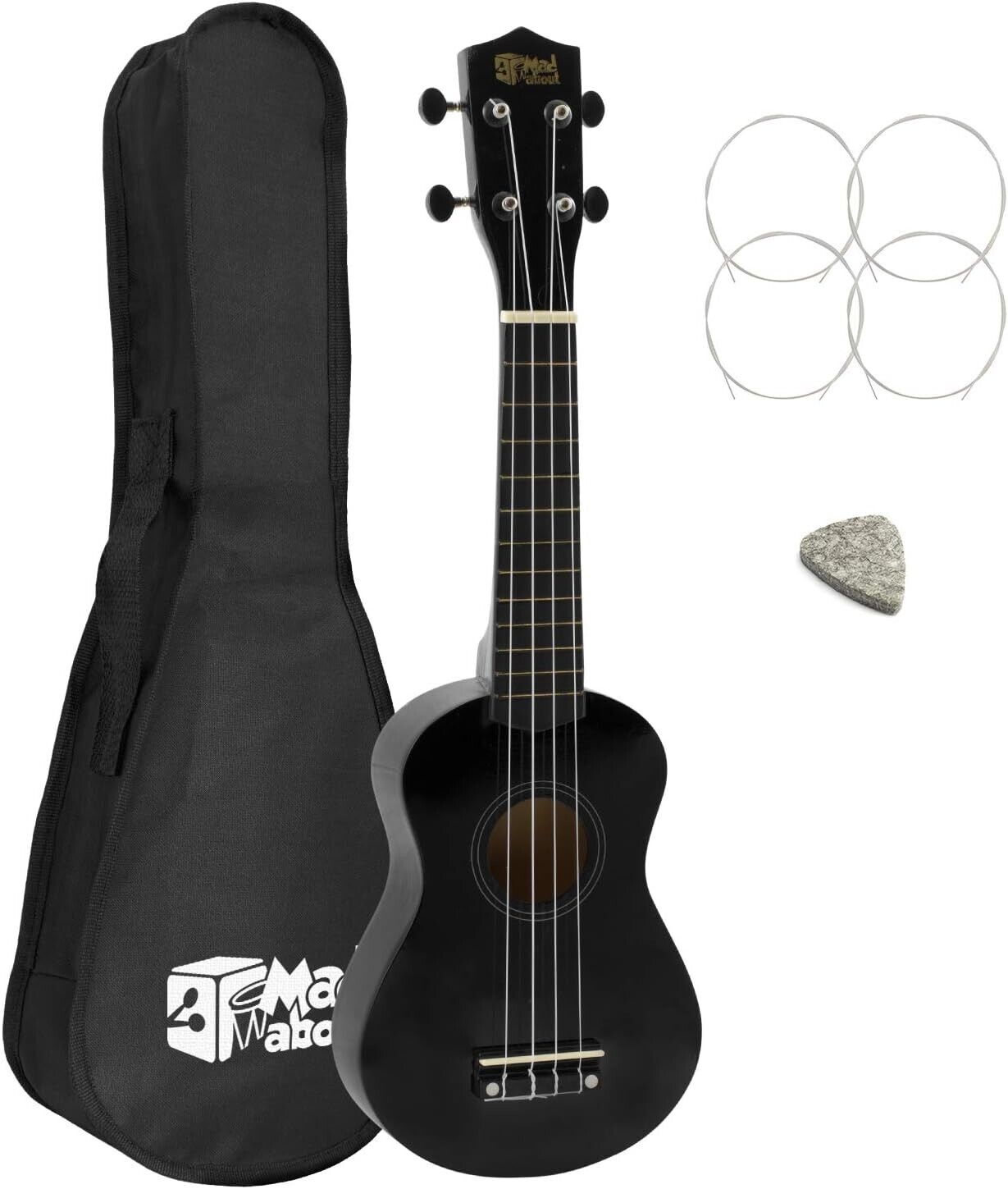 Mad About SU8-LH-BK Sopran-Ukulele für Linkshänder - Schwarz - mit Tasche, Filzp