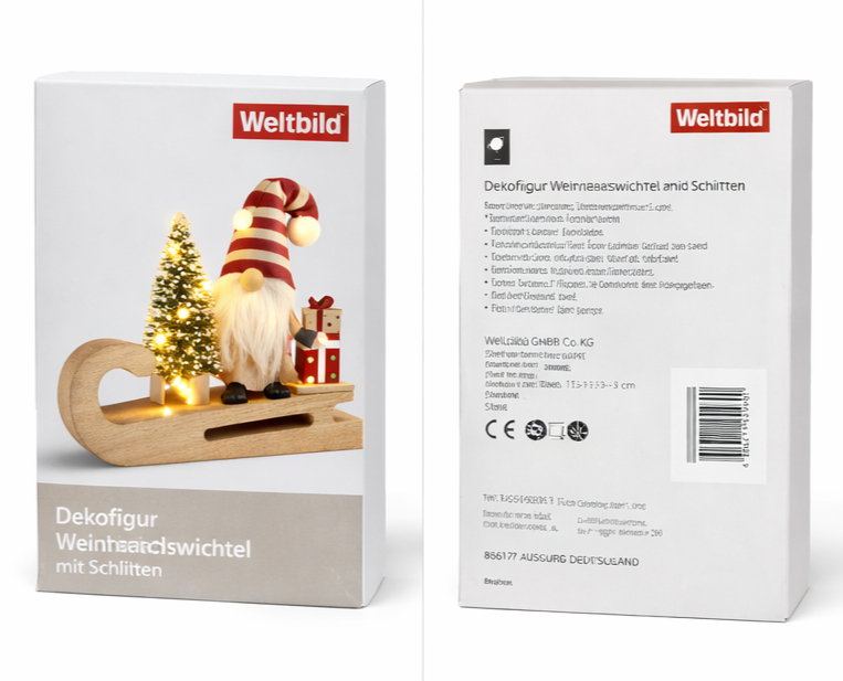 LED Dekofigur Weihnachtswichtel Schlitten Holz beleuchtet Batterie Tischdeko