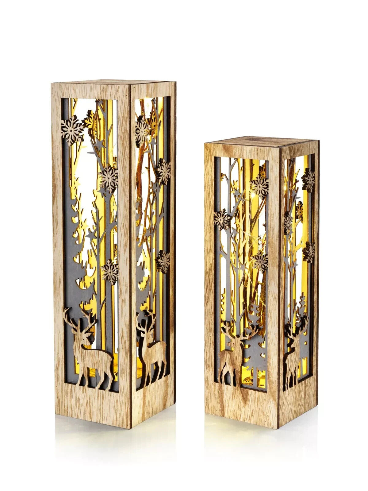 LED-Dekosäulen Zauberwald Dekoration Weihnachten Licht 2er-Set 34 + 28 cm
