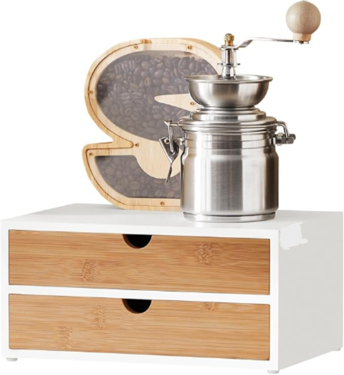 Kaffeekapselbox aus MDF und Bambus, Kapselständer mit 2 Schubladen, Aufbewahrung
