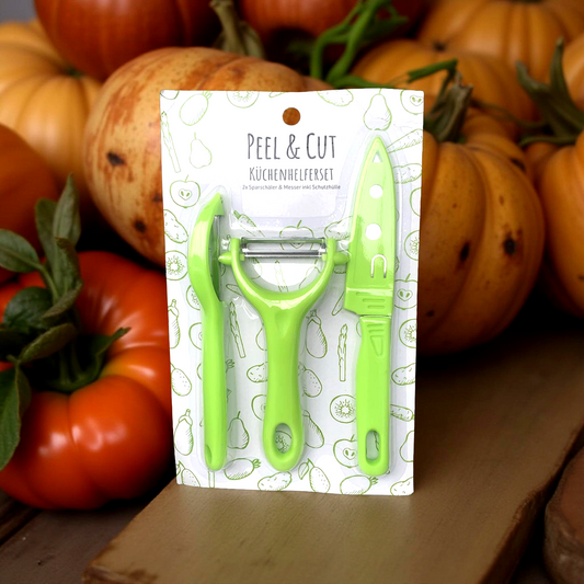 Peel & Cut Küchenhelfer-Set 2x Sparschäler & 1x Messer ink. Schutzhülle in Grün