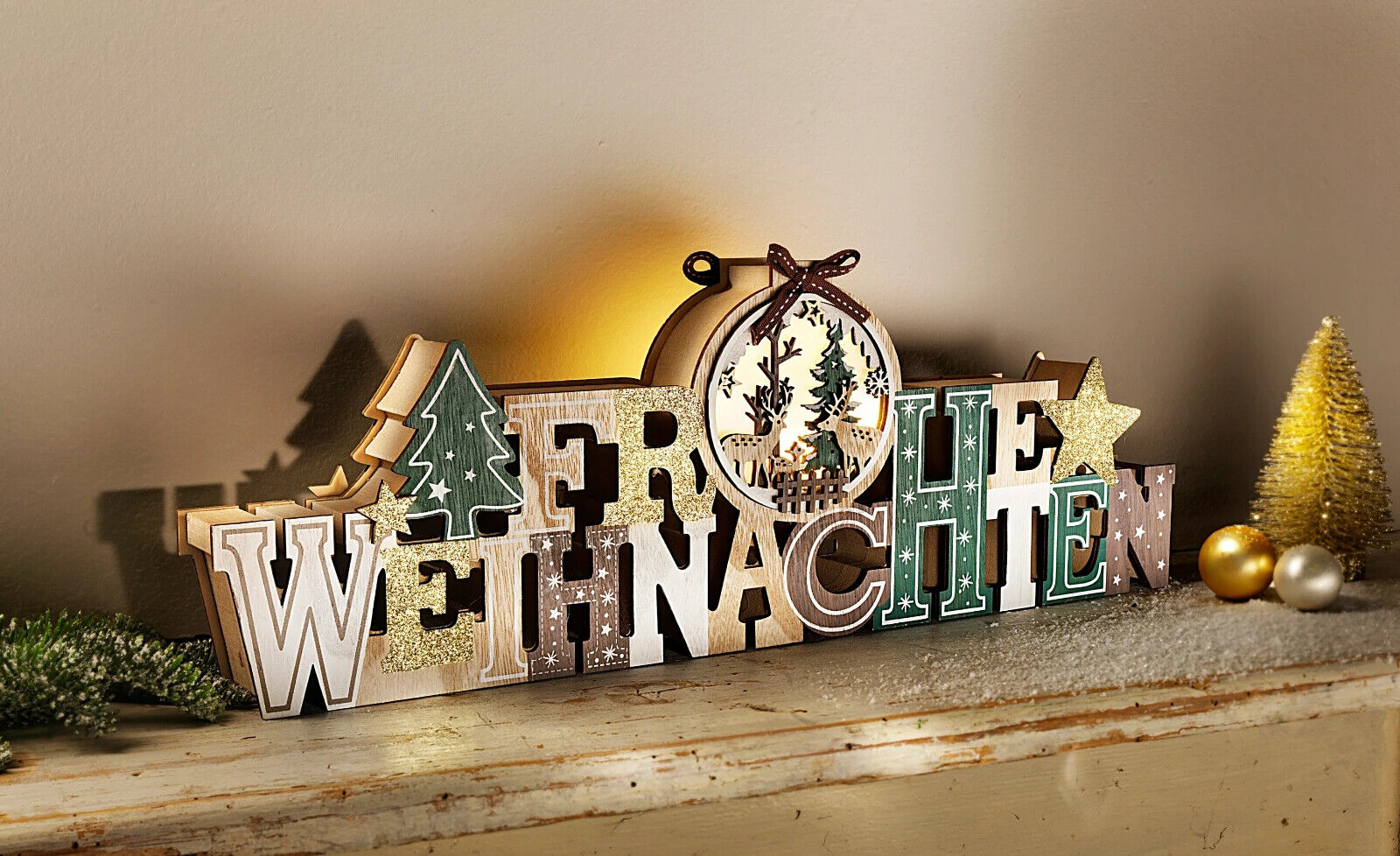 LED-Schriftzug "Frohe Weihnachten" Weihnachtsdeko Dekoration Wohnung Winter Holz