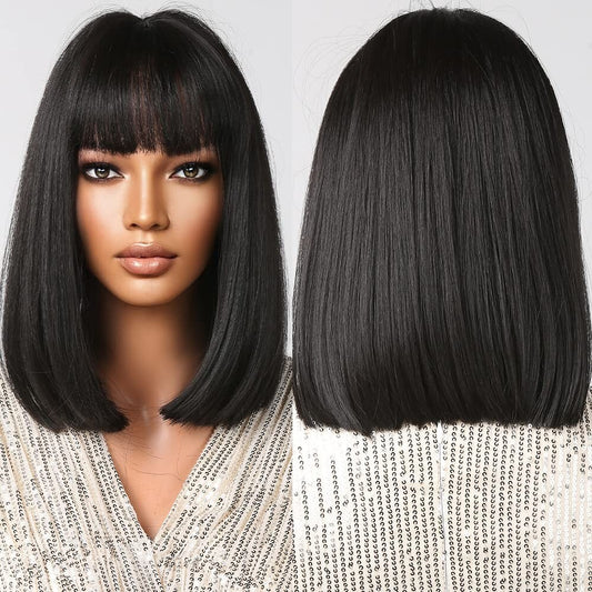 Allbell Black Straight Bob Perücken für Frauen, Afro Perücken mit Pony, mittella