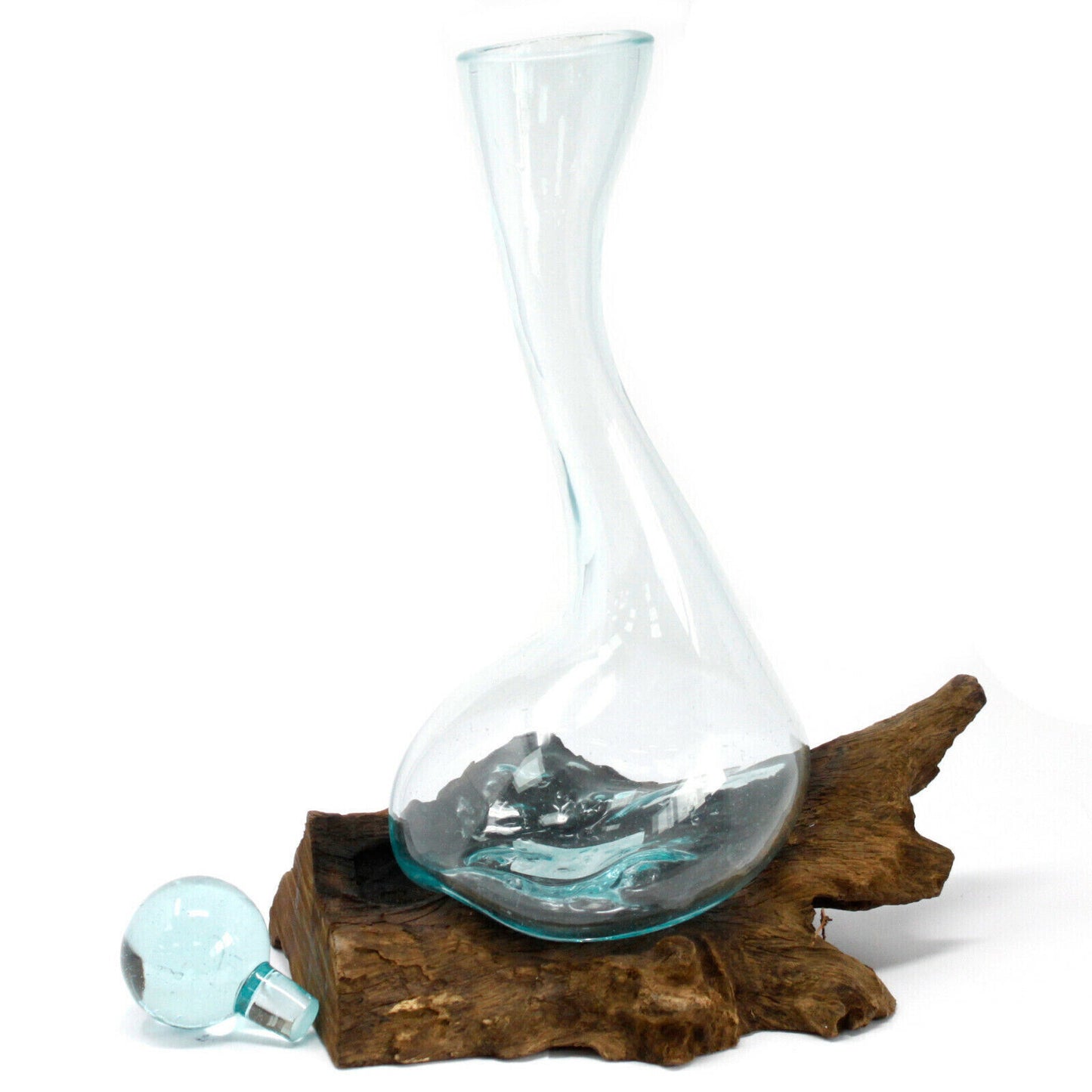 Dekoglas auf Holzwurzel Weinkaraffe Deko Dekoration Holz Windlicht Glas Dekoglas