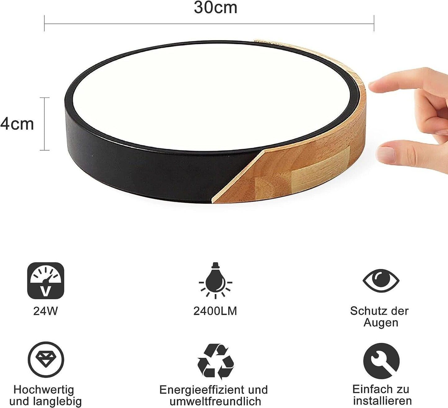 Led Deckenlampe Holz 24W,Weißes Licht 6500K Led