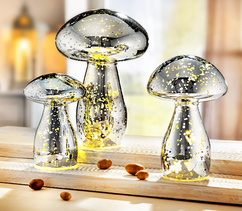 LED-Stimmungsleuchten "Pilze" 3er-Set “ Leuchtende Pilze aus edlem Silberglas