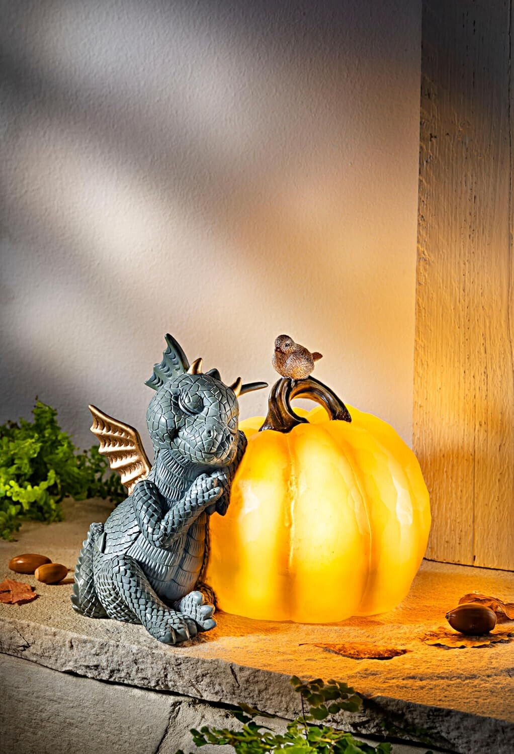 Deko Drache Zucca mit LED Kürbis Licht Deko LED Wohnungsdeko Dekoration