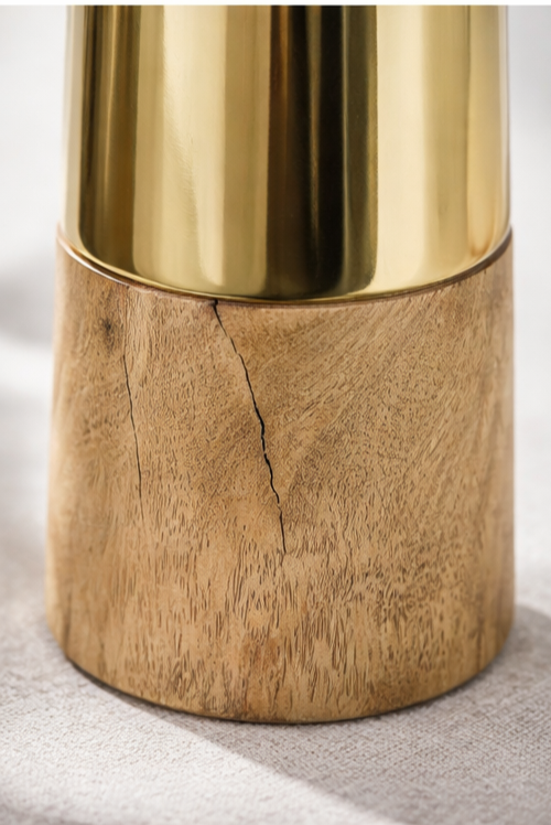 Vase Metall gold mit Holzsockel modern Deko Tischvase Handarbeit