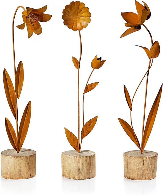 Deko - Blumen 'Rusty' 3er-Set - Metallblumen mit Edelrost - Finish - Holz - Sock
