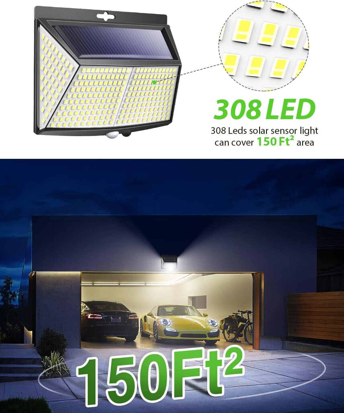 Solarlampen für Außen mit Bewegungsmelder, 308 LED 3 Modi 270° LED Solar IP65