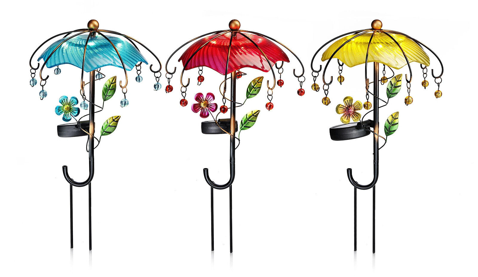 Solar-Gartenstecker (Schirm: 3er-Set) Licht-Dekoration Regenschirm Blüten Bunt