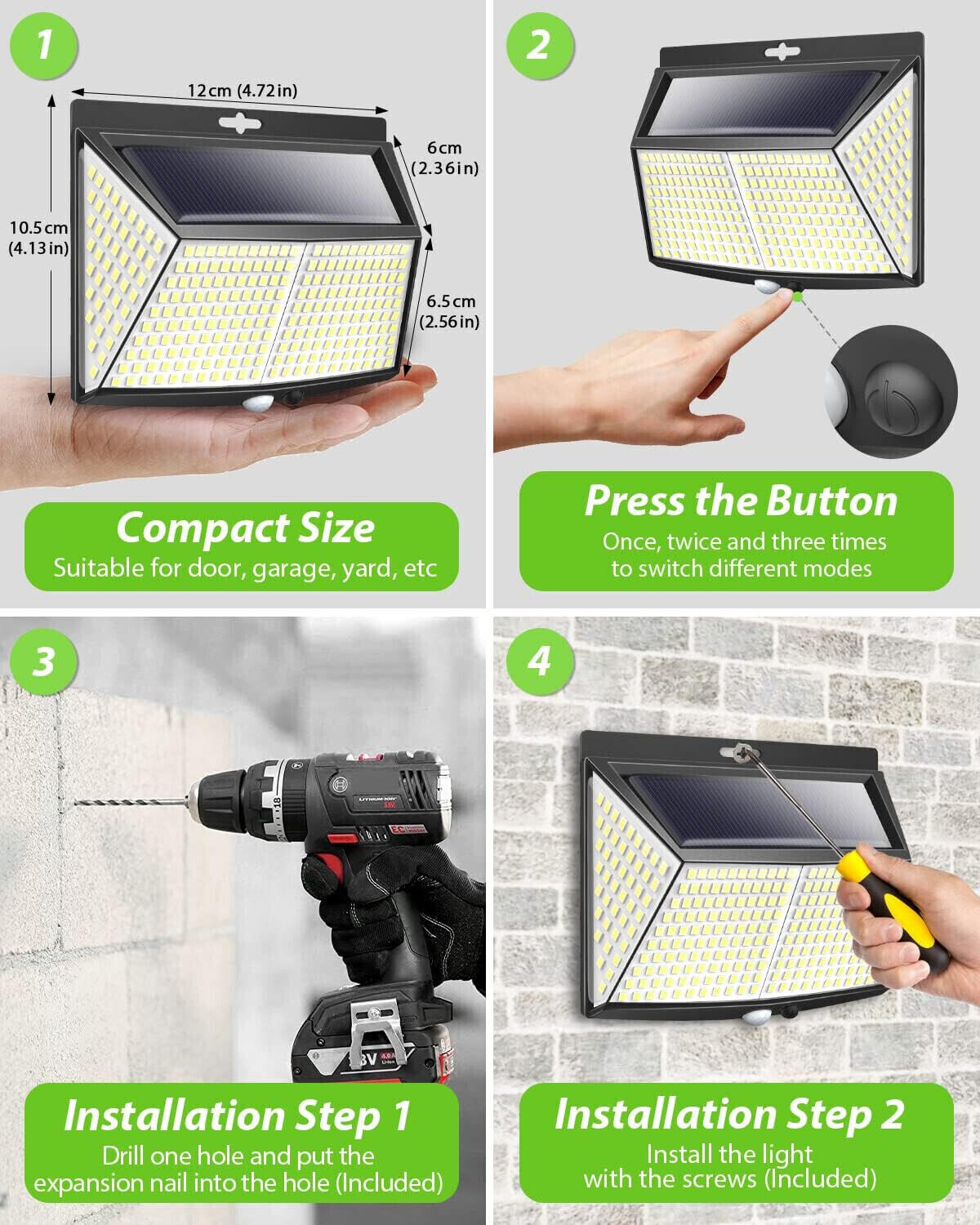 Solarlampen für Außen mit Bewegungsmelder, 308 LED 3 Modi 270° LED Solar IP65