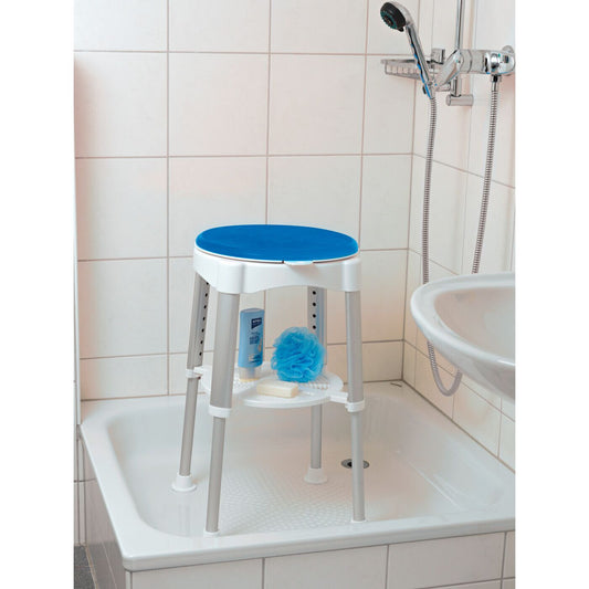 Duschstuhl, 360 Grad drehbar, Blau/Weiß/ Silberfarben Duschhocker mit Ablage