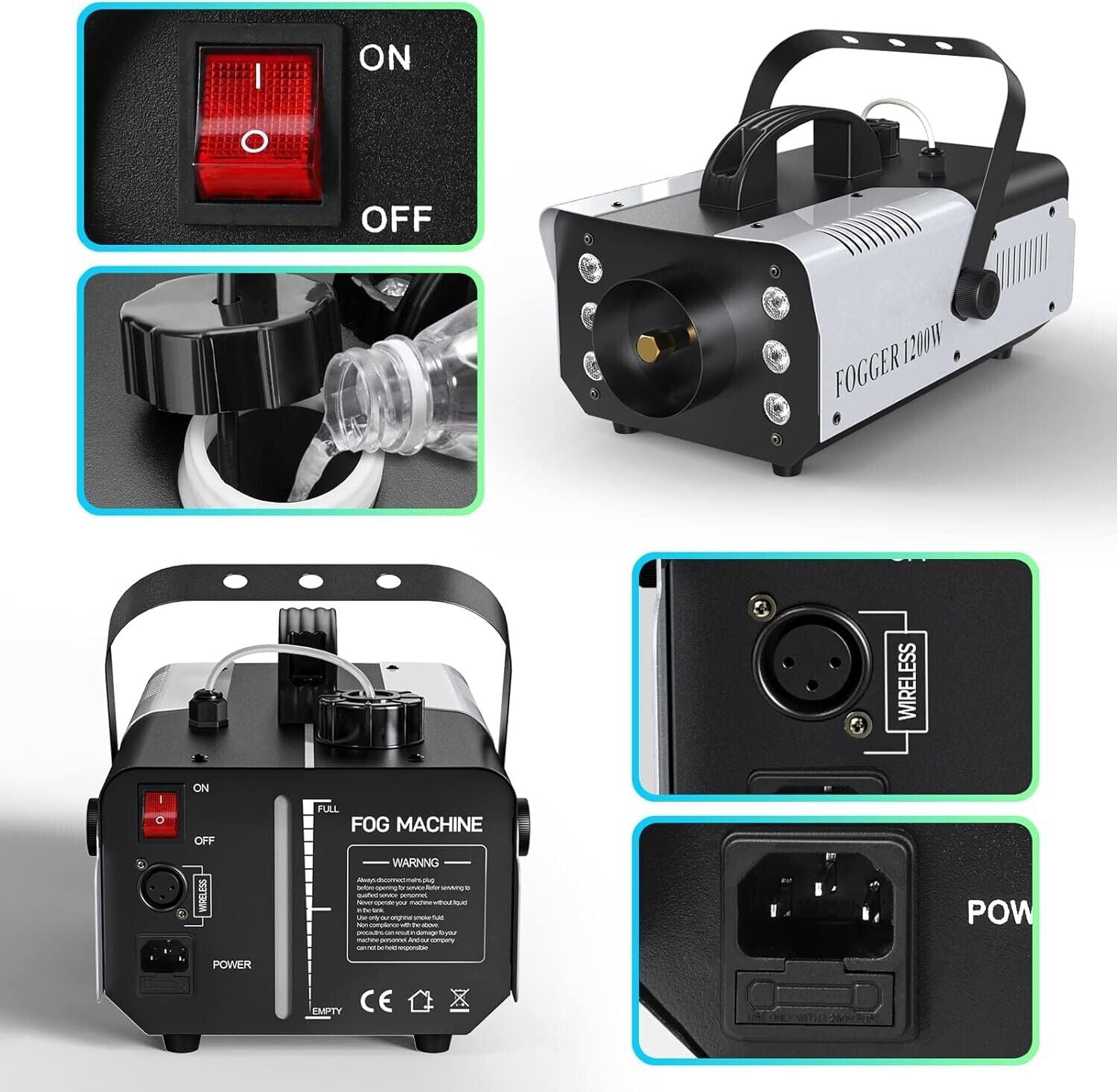 Fooger 1200W Mini Nebelmaschine mit 6 RGB LED Steuerbaren Lichtern in Silber