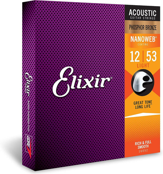 Elixir 16052 Saiten Phosphor Bronze Akustik-Gitarrensaiten mit NANOWEB .012-.053