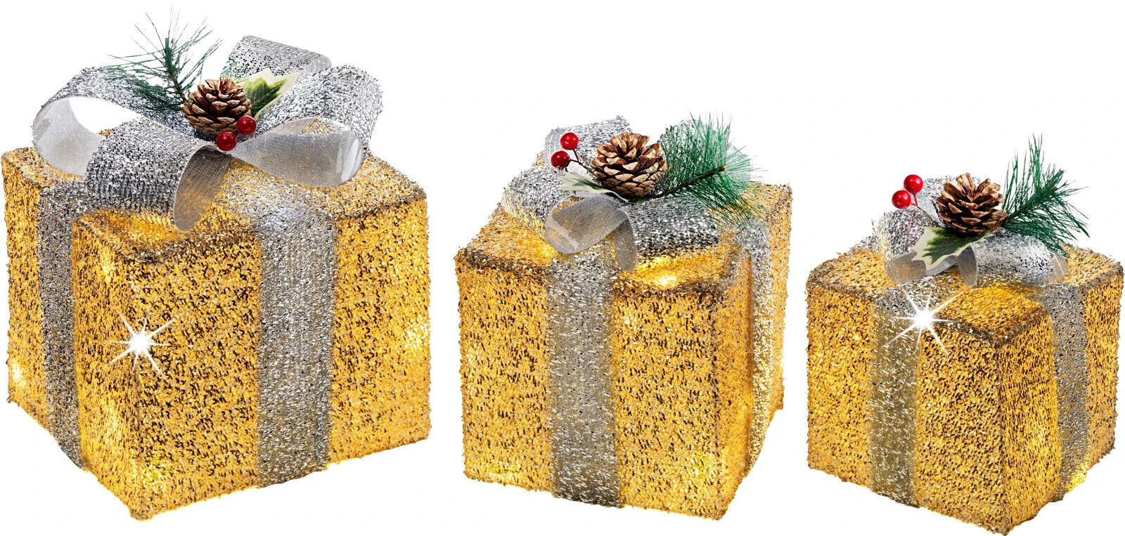 LED-Deko "Geschenke" gold, 3er-Set Haus Garten Dekoration Weihnachtsdeko