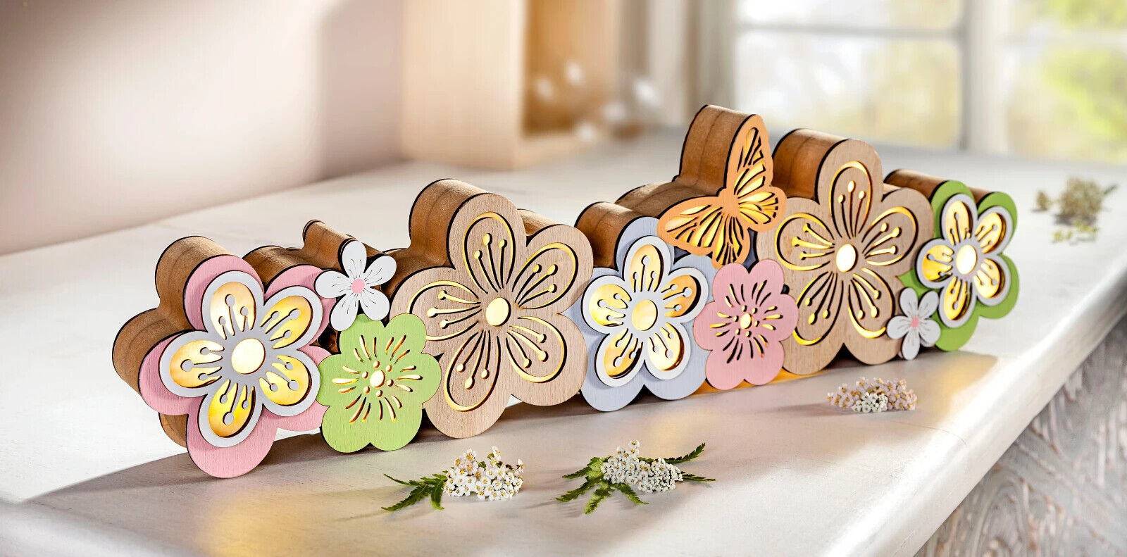 LED-Holzdeko "Fiorito" 50cm Wohnungsdeko Dekoration Frühling Holz Blumen Bunt