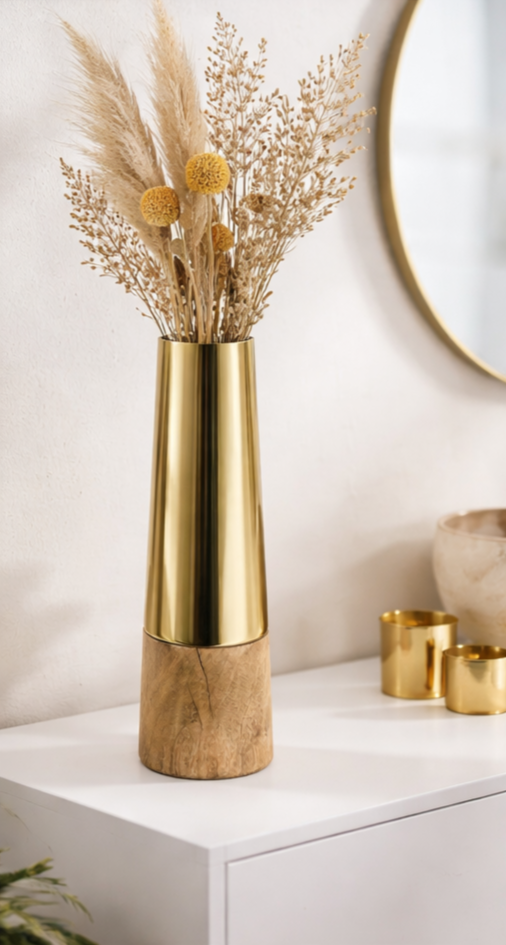 Vase Metall gold mit Holzsockel modern Deko Tischvase Handarbeit