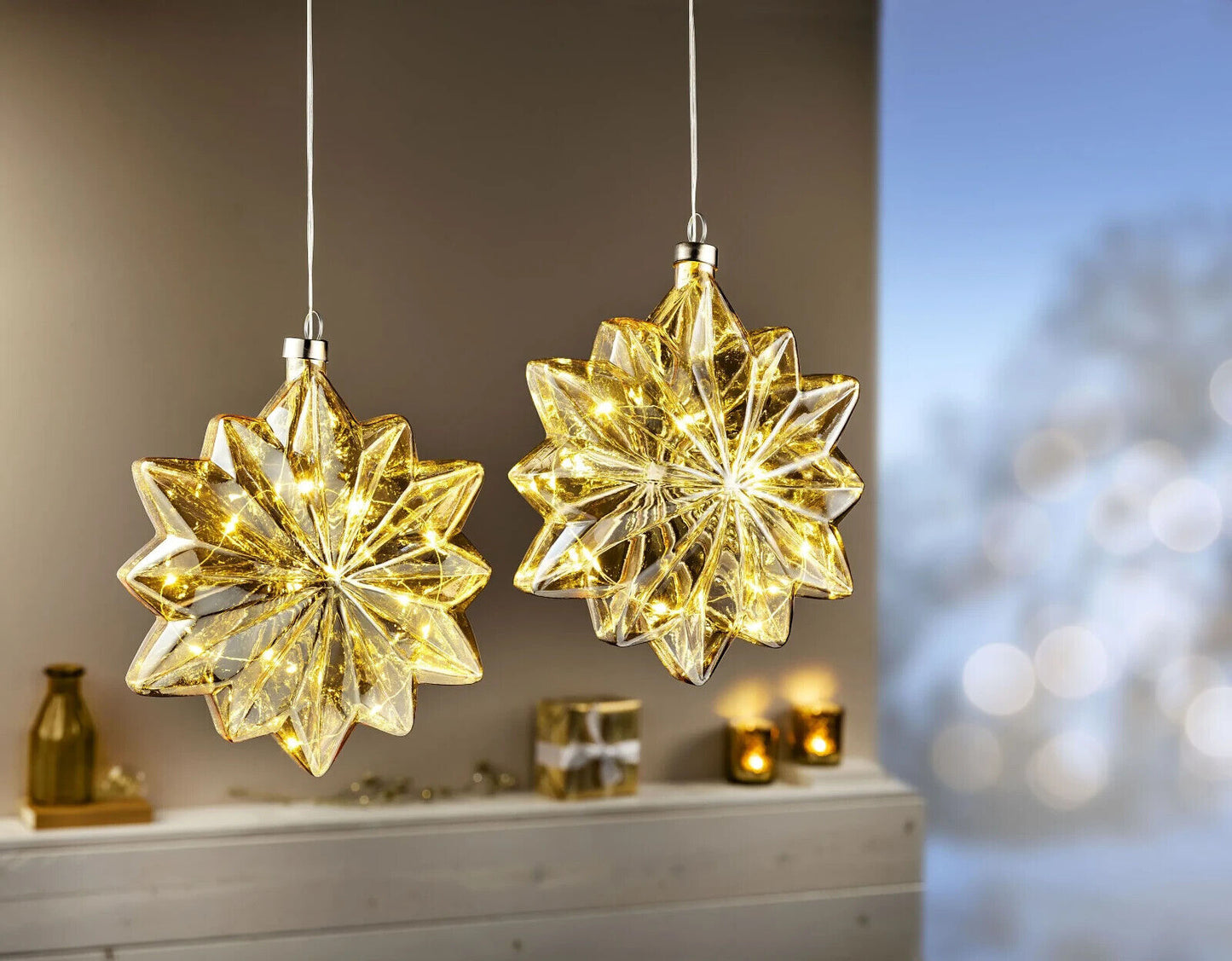 LED Hängedeko Schneeflocke Snöflinga 2er Set Ø 19 cm Amber goldfarben