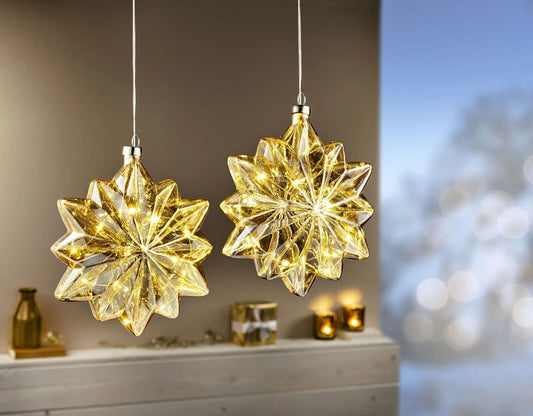 LED Hängedeko Schneeflocke Snöflinga 2er Set Ø 19 cm Amber goldfarben