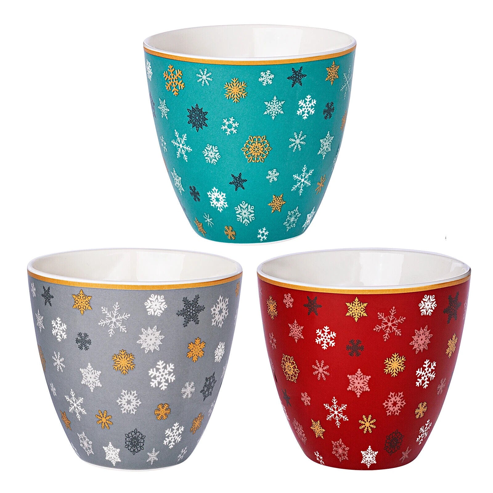 Tassen "Schneekristalle", 3er Set Porzellan Becher Weihnachten Winter 350 ml