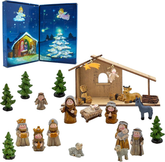 Spetebo Holz Weihnachts Krippenstall mit Kunststeinfiguren - 26 x 13 cm - Weihna