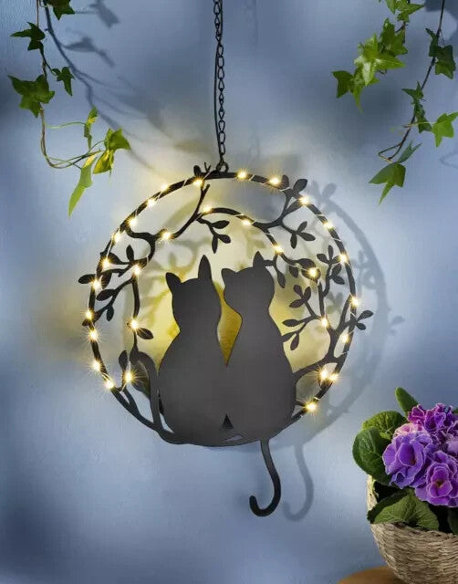 LED-Hängedeko Katzenpaar beleuchtetes Metallbild im Scherenschnitt-Stil