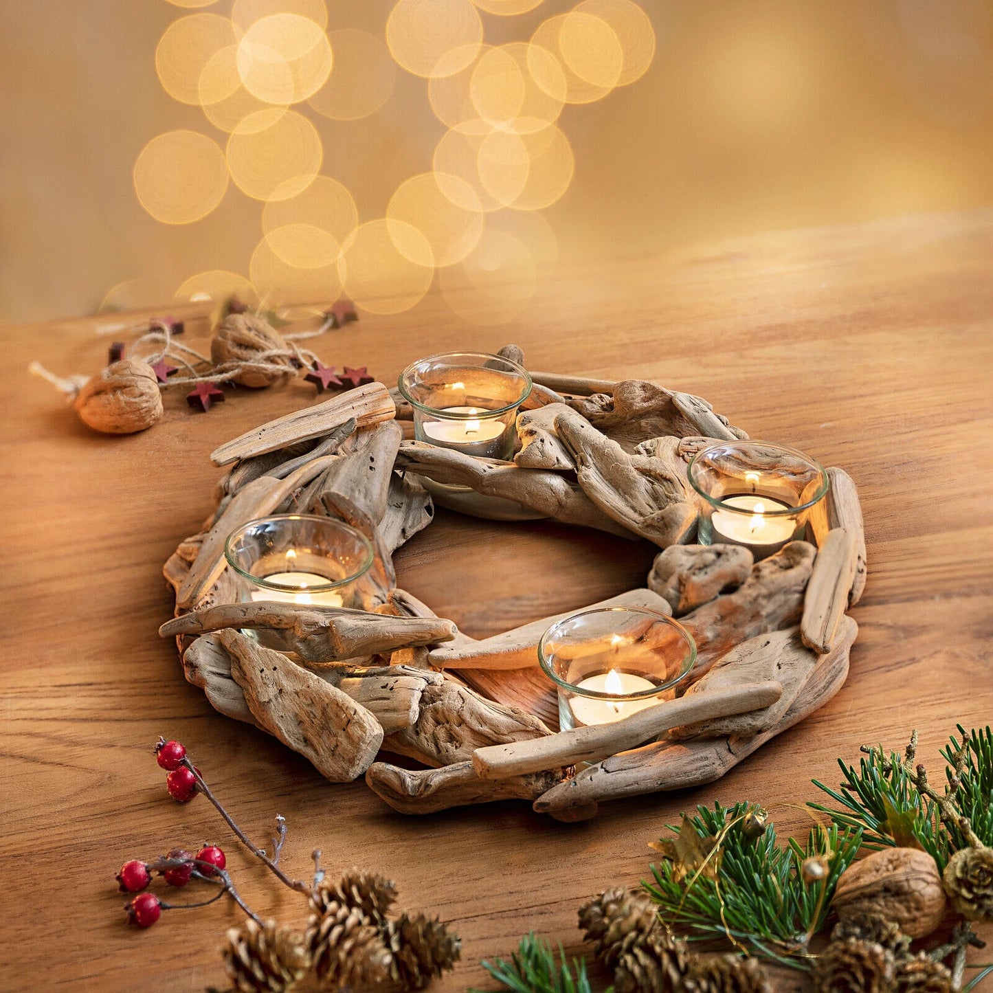 Adventskranz "Wood" mit Glaseinsätzen aus Treibholz Gläser Deko Weihnachten