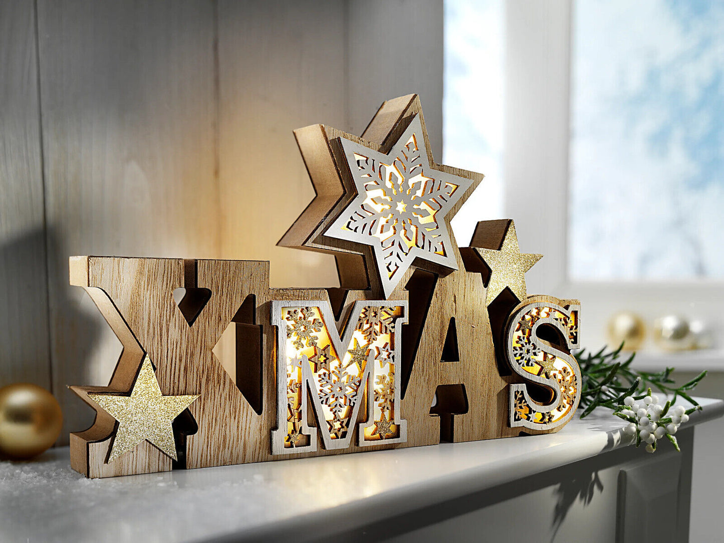 LED-Schriftzug Xmas "Snowflake" Weihnachtsdeko Dekoration Wohnung Winter Holz