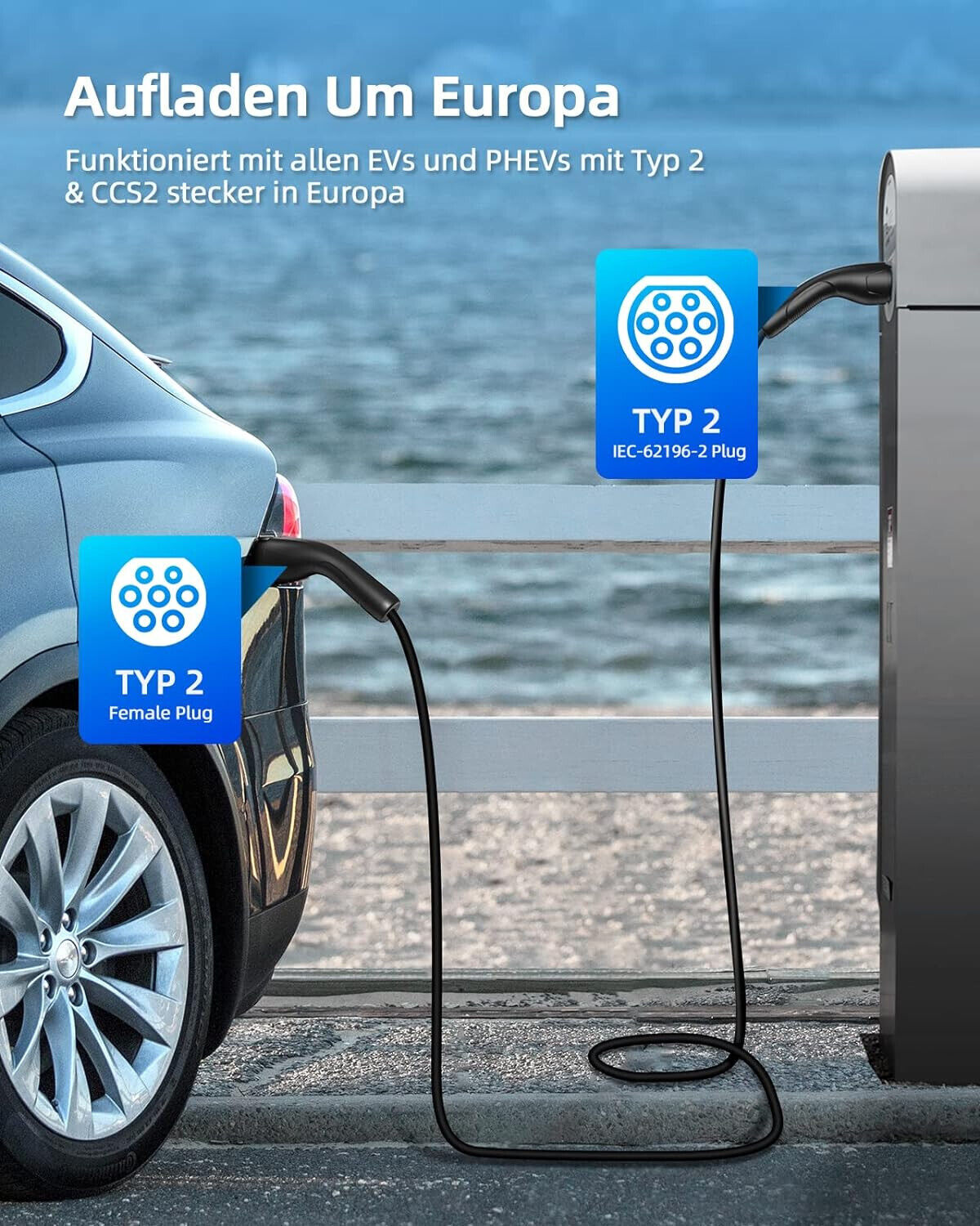 Typ 2 Ladekabel für EV, 22kW 32A 6m 3-Phasen Elektroauto-Ladekabel mit Tasche