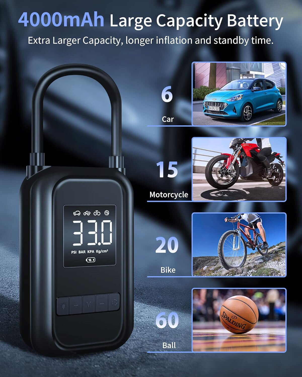 Portabler Akku-Kompressor für Fahrrad, Fußball, Reifen usw. 4000mAh black