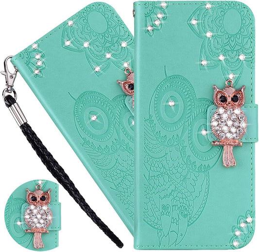 Hülle für Google Pixel 4A 5G Case, Owl Embossed Bling Glitzer PU Leder Tasche