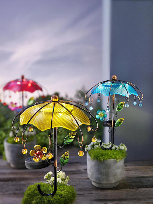 Solar-Gartenstecker (Schirm: 3er-Set) Licht-Dekoration Regenschirm Blüten Bunt